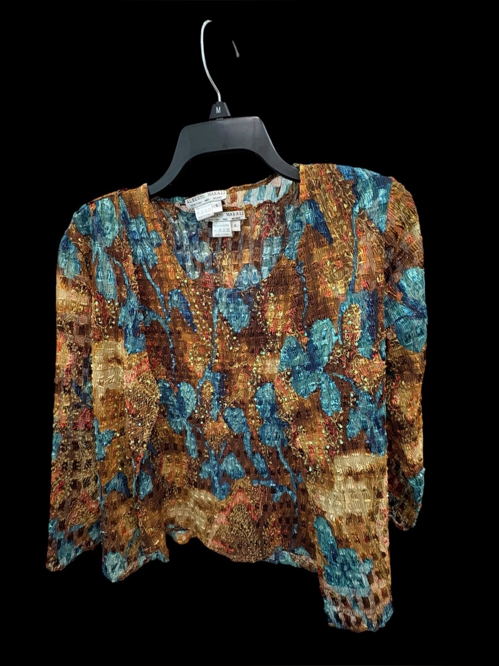 Alberto Makali Turquoise Brown Floral Sequin Crinkle Blouse Size S